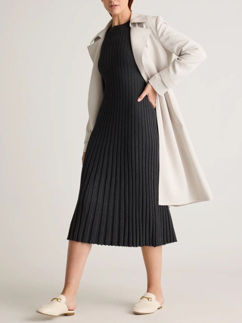 Quince Cotton Cashmere Ribbed Long Sleeve Crew Midi Dress NWT Size S Charcoal - Picture 4 of 15